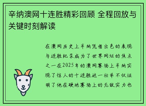辛纳澳网十连胜精彩回顾 全程回放与关键时刻解读