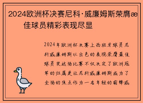 2024欧洲杯决赛尼科·威廉姆斯荣膺最佳球员精彩表现尽显 2024欧洲杯决赛尼科·威廉姆斯荣膺最佳球员精彩表现尽显